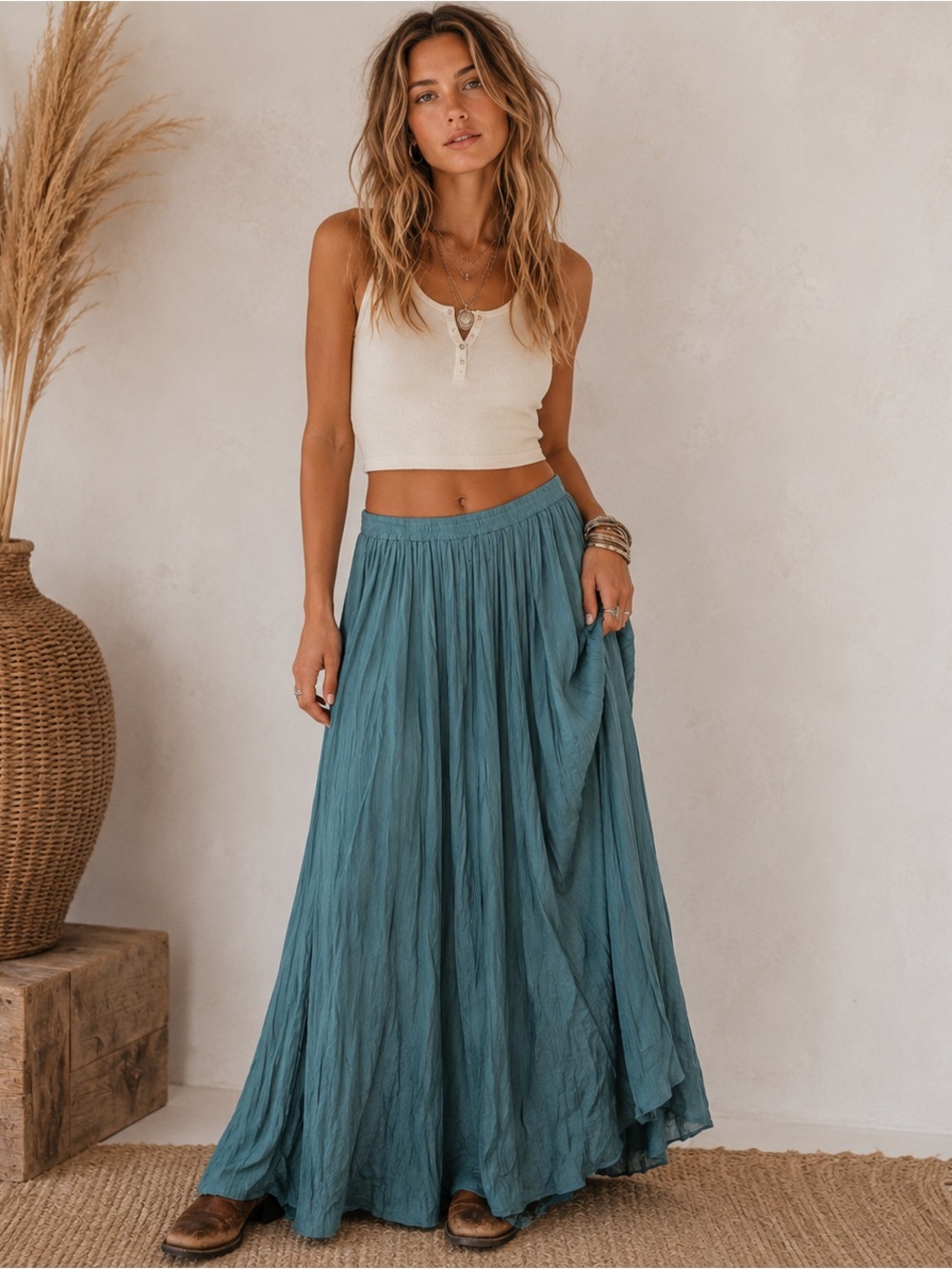 Painted Pony Flowing Maxi Skirt in Teal Green Indie Boho Style Open Size
